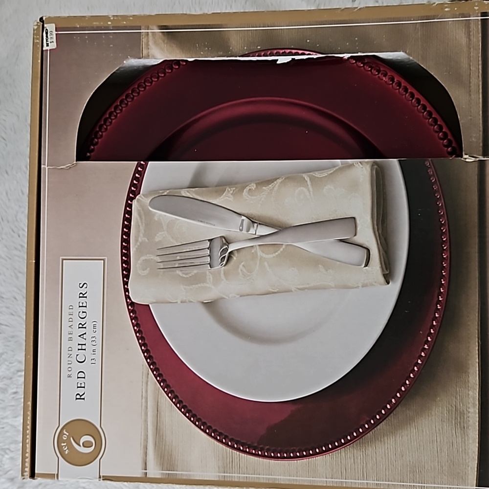 Six Red Metallic 13” Plastic Charger Plates. Beaded Rim. Set Of Six
